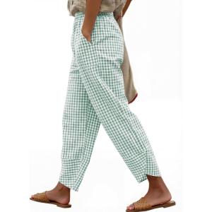 imageANRABESS Womens Striped Gingham Pants Summer Lounge Cute PJ Bottom Plaid Pants Casual Wide Leg Beach Trouser with PocketsGreen White Plaid