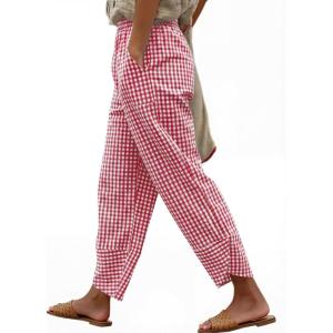 imageANRABESS Womens Striped Gingham Pants Summer Lounge Cute PJ Bottom Plaid Pants Casual Wide Leg Beach Trouser with PocketsRed White Plaid