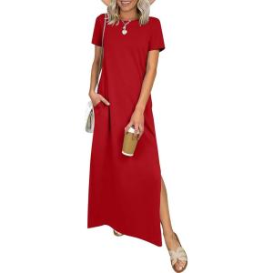 imageANRABESS Womens Summer Casual Maxi Dress Short Sleeve Crewneck Split WrinkleFree Travel Long Sundress Beach Vacation ClothesRed