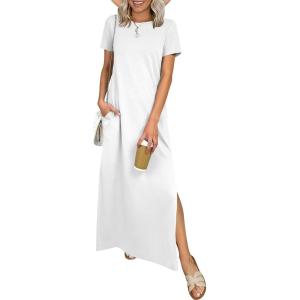 imageANRABESS Womens Summer Casual Maxi Dress Short Sleeve Crewneck Split WrinkleFree Travel Long Sundress Beach Vacation ClothesWhite