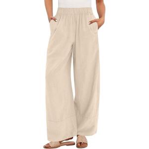 imageANRABESS Womens Wide Leg Linen Pants Summer Boho Casual Elastic Waist Long Lounge Travel Pants Trousers with PocketsApricot
