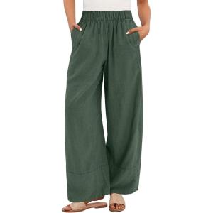 imageANRABESS Womens Wide Leg Linen Pants Summer Boho Casual Elastic Waist Long Lounge Travel Pants Trousers with PocketsArmy Green