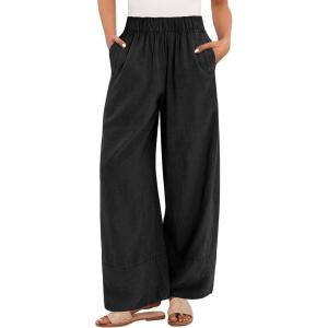 imageANRABESS Womens Wide Leg Linen Pants Summer Boho Casual Elastic Waist Long Lounge Travel Pants Trousers with PocketsBlack