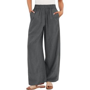 imageANRABESS Womens Wide Leg Linen Pants Summer Boho Casual Elastic Waist Long Lounge Travel Pants Trousers with PocketsDark Grey
