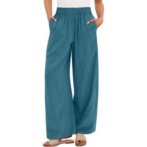 imageANRABESS Womens Wide Leg Linen Pants Summer Boho Casual Elastic Waist Long Lounge Travel Pants Trousers with PocketsLake Blue