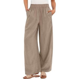 imageANRABESS Womens Wide Leg Linen Pants Summer Boho Casual Elastic Waist Long Lounge Travel Pants Trousers with PocketsLight Khaki