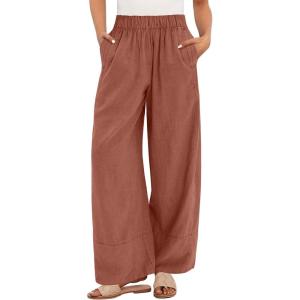 imageANRABESS Womens Wide Leg Linen Pants Summer Boho Casual Elastic Waist Long Lounge Travel Pants Trousers with PocketsRust Red