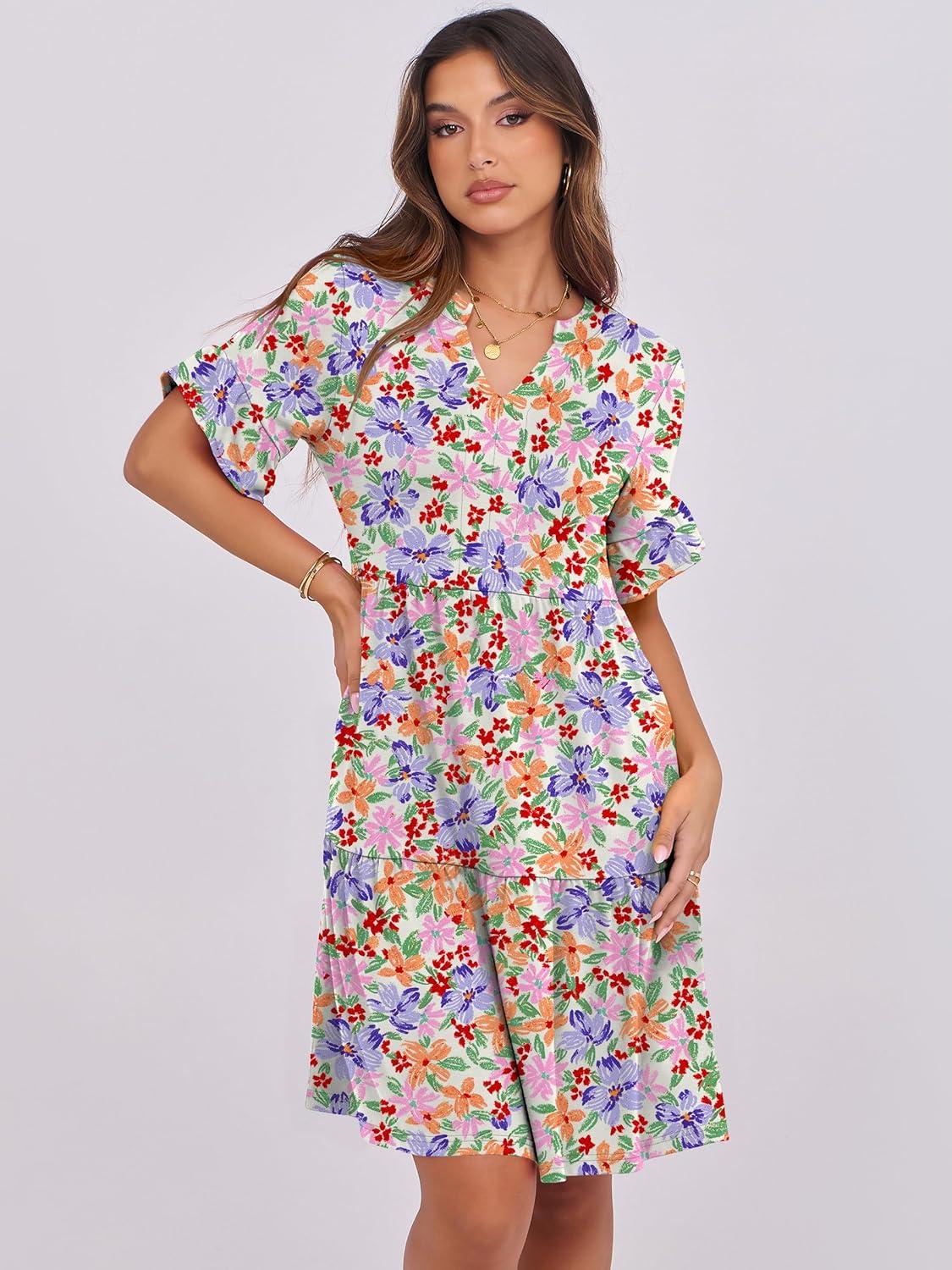 imageANRABESS Womens Summer 2026 Trendy Ruffle Short Sleeve V Neck A Line Tiered Flowy Loose Casual Mini Beach Dress with PocketsCrayon Multicolored Floral