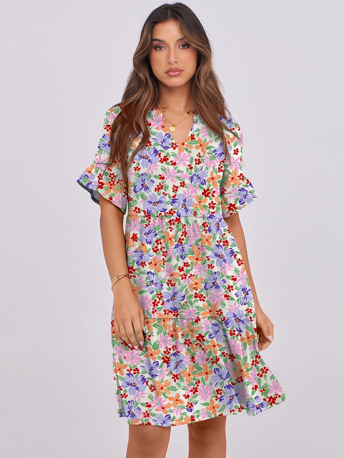 imageANRABESS Womens Summer 2026 Trendy Ruffle Short Sleeve V Neck A Line Tiered Flowy Loose Casual Mini Beach Dress with PocketsCrayon Multicolored Floral
