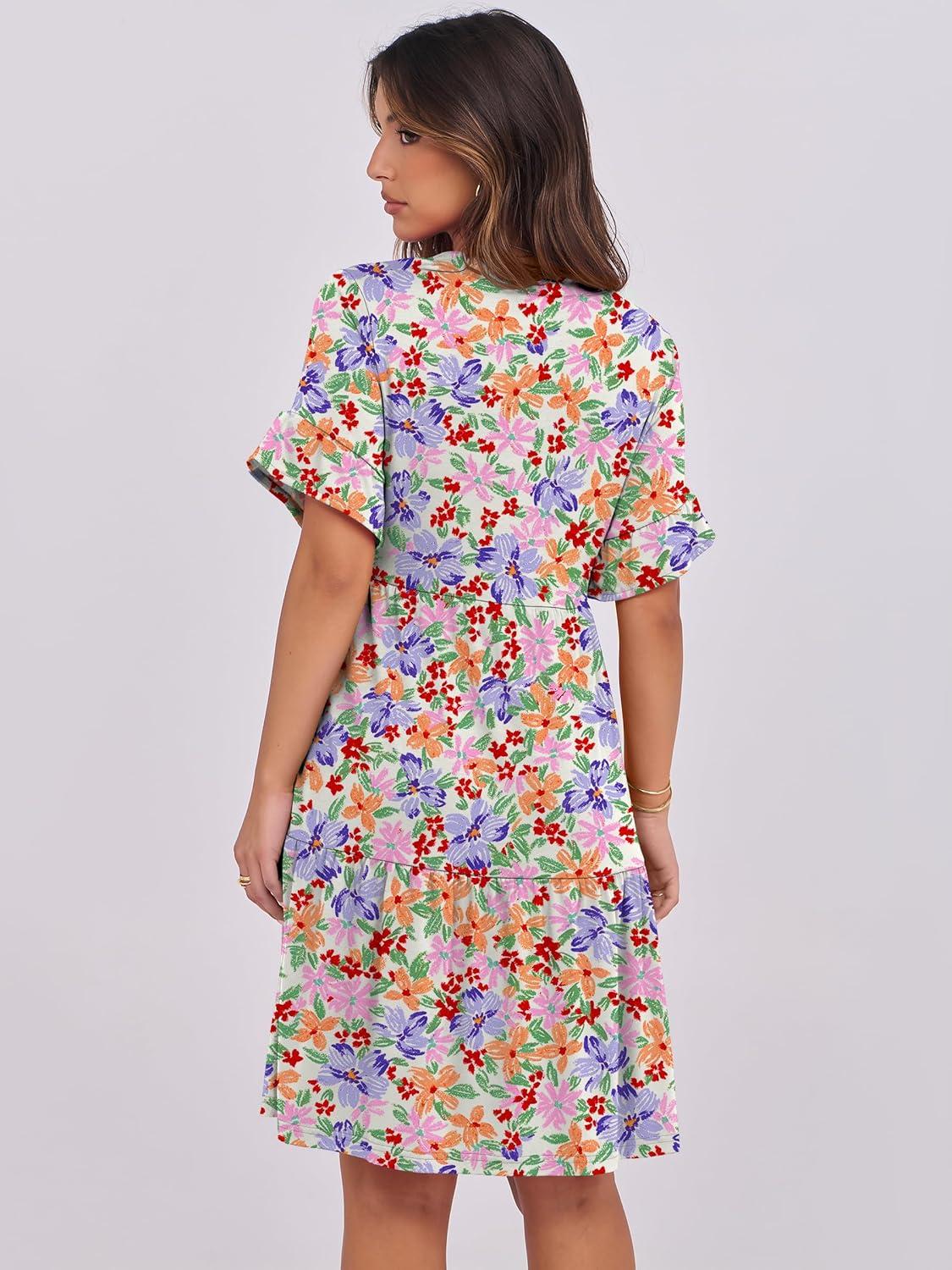 imageANRABESS Womens Summer 2026 Trendy Ruffle Short Sleeve V Neck A Line Tiered Flowy Loose Casual Mini Beach Dress with PocketsCrayon Multicolored Floral