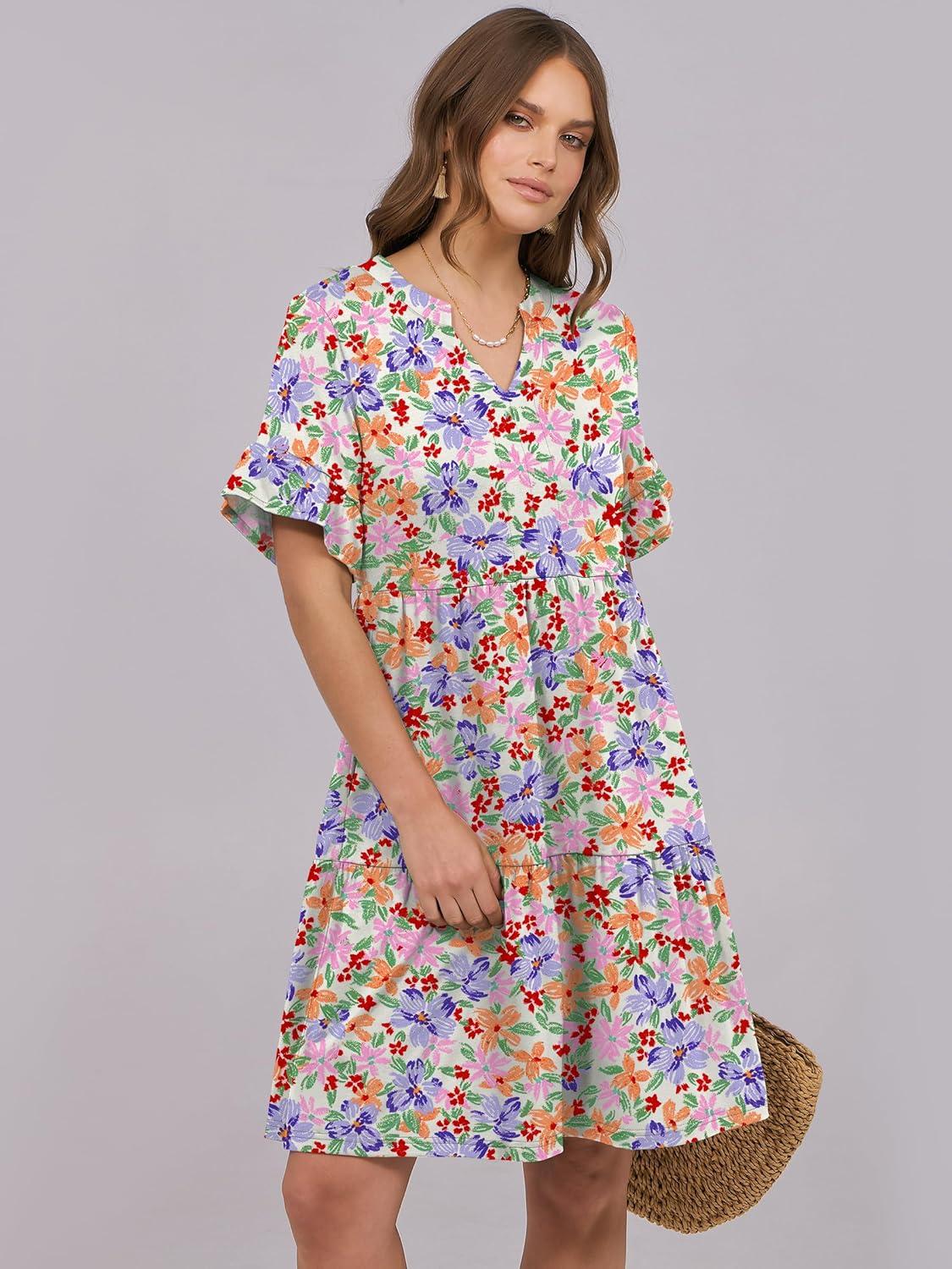 imageANRABESS Womens Summer 2026 Trendy Ruffle Short Sleeve V Neck A Line Tiered Flowy Loose Casual Mini Beach Dress with PocketsCrayon Multicolored Floral