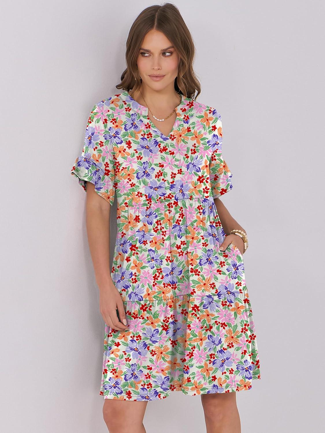 imageANRABESS Womens Summer 2026 Trendy Ruffle Short Sleeve V Neck A Line Tiered Flowy Loose Casual Mini Beach Dress with PocketsCrayon Multicolored Floral