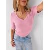 imageANRABESS Womens Half Sleeve Tops V Neck Ribbed Knit Slim Fit Basic T Shirts 2026 Summer Casual Tees Spring Trendy ClothesPink