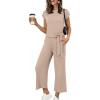 imageANRABESS Women 2 Piece Outfits 2026 Summer Lounge Sets Cap Sleeve Tie Waisted Top Wide Leg Pant Airport Vacation Travel SetsAlmond