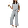 imageANRABESS Women 2 Piece Outfits 2026 Summer Lounge Sets Cap Sleeve Tie Waisted Top Wide Leg Pant Airport Vacation Travel SetsLight Grey