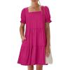 imageANRABESS Women Summer Square Neck Puff Short Sleeve Mini Dress 2026 Casual Flowy Sundress Beach Vacation Clothes with PocketsHot Pink