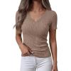 imageANRABESS Womens Tops Short Sleeve V Neck Shirts Slim Fit Ribbed Knit Shirt 2026 Summer Dressy Casual Lightweight SweatersLight Brown