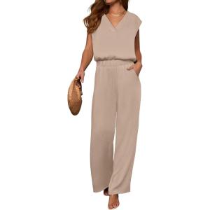 imageANRABESS 2 Piece Sets for Women Lounge Outfits Summer V Neck Cap Sleeve Top Wide Leg Pants Vacation Beach Travel SetApricot