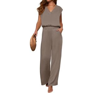 imageANRABESS 2 Piece Sets for Women Lounge Outfits Summer V Neck Cap Sleeve Top Wide Leg Pants Vacation Beach Travel SetLight Camel