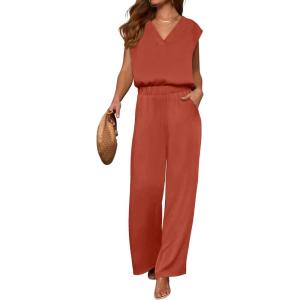 imageANRABESS 2 Piece Sets for Women Lounge Outfits Summer V Neck Cap Sleeve Top Wide Leg Pants Vacation Beach Travel SetOrange Red