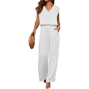 imageANRABESS 2 Piece Sets for Women Lounge Outfits Summer V Neck Cap Sleeve Top Wide Leg Pants Vacation Beach Travel SetWhite