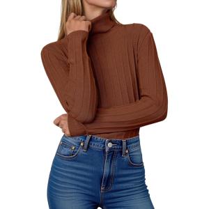 imageANRABESS Turtleneck Sweaters for Women 2025 Fall Long Sleeve Dressy Casual Slim Soft Fitted Basic Pullover TopsAuburn