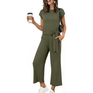 imageANRABESS Women 2 Piece Outfits 2026 Summer Lounge Sets Cap Sleeve Tie Waisted Top Wide Leg Pant Airport Vacation Travel SetsArmy Green