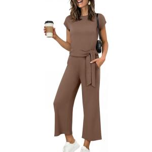imageANRABESS Women 2 Piece Outfits 2026 Summer Lounge Sets Cap Sleeve Tie Waisted Top Wide Leg Pant Airport Vacation Travel SetsBrown
