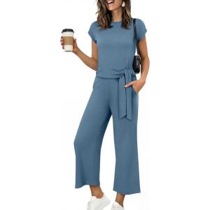 imageANRABESS Women 2 Piece Outfits 2026 Summer Lounge Sets Cap Sleeve Tie Waisted Top Wide Leg Pant Airport Vacation Travel SetsGrey Blue