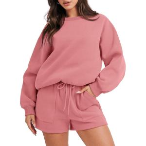 imageANRABESS Women 2 Piece Outfits Sweat Shorts Sets 2026 Oversized Casual Lounge Matching Set Sweatsuit Tracksuit Fall ClothesDark Pink