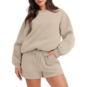 imageANRABESS Women 2 Piece Outfits Sweat Shorts Sets 2026 Oversized Casual Lounge Matching Set Sweatsuit Tracksuit Fall ClothesDeep Khaki