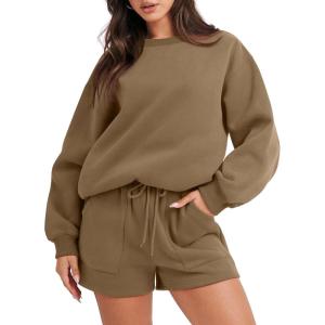imageANRABESS Women 2 Piece Outfits Sweat Shorts Sets 2026 Oversized Casual Lounge Matching Set Sweatsuit Tracksuit Fall ClothesLight Brown
