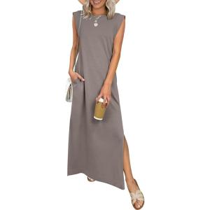 imageANRABESS Women Summer Casual Sleeveless Maxi Dress 2026 Crewneck Loose Split WrinkleFree Beach Travel Vacation Long SundressCoffee Grey