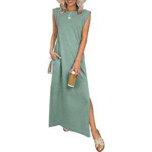 imageANRABESS Women Summer Casual Sleeveless Maxi Dress 2026 Crewneck Loose Split WrinkleFree Beach Travel Vacation Long SundressLight Green