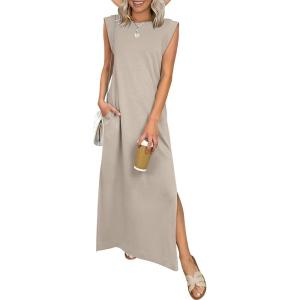 imageANRABESS Women Summer Casual Sleeveless Maxi Dress 2026 Crewneck Loose Split WrinkleFree Beach Travel Vacation Long SundressLight Khaki