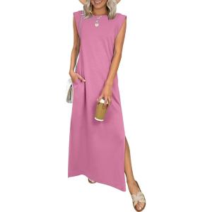 imageANRABESS Women Summer Casual Sleeveless Maxi Dress 2026 Crewneck Loose Split WrinkleFree Beach Travel Vacation Long SundressPink