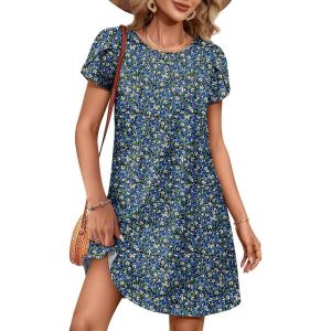 imageANRABESS Women Summer Dress Short Sleeve Crew Neck Boho Floral TShirt Sundress Beach Vacation Swimsuit Coverup with PocketsFloral Blue White