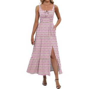 imageANRABESS Women Summer Maxi Sundress Square Neck Sleeveless Boho Floral Printed Slit Wedding Guest Beach Vacation Party DressPink White