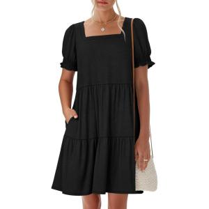 imageANRABESS Women Summer Square Neck Puff Short Sleeve Mini Dress 2026 Casual Flowy Sundress Beach Vacation Clothes with PocketsBlack