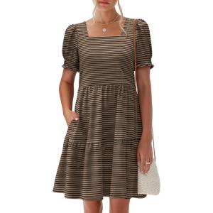 imageANRABESS Women Summer Square Neck Puff Short Sleeve Mini Dress 2026 Casual Flowy Sundress Beach Vacation Clothes with PocketsBrown Black Striped