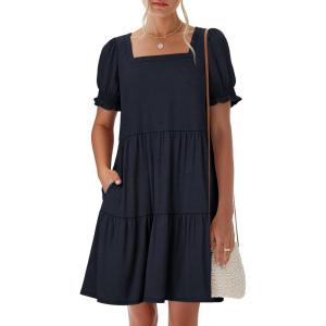 imageANRABESS Women Summer Square Neck Puff Short Sleeve Mini Dress 2026 Casual Flowy Sundress Beach Vacation Clothes with PocketsNavy Blue