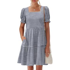 imageANRABESS Women Summer Square Neck Puff Short Sleeve Mini Dress 2026 Casual Flowy Sundress Beach Vacation Clothes with PocketsNavy Blue White Striped