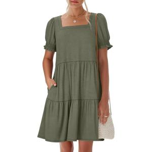 imageANRABESS Women Summer Square Neck Puff Short Sleeve Mini Dress 2026 Casual Flowy Sundress Beach Vacation Clothes with PocketsOlive