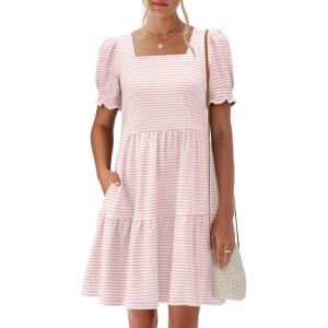 imageANRABESS Women Summer Square Neck Puff Short Sleeve Mini Dress 2026 Casual Flowy Sundress Beach Vacation Clothes with PocketsPink Striped