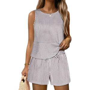 imageANRABESS Womens 2 Piece Outfits Striped Summer Casual Sleeveless Tank Top Matching Shorts Lounge Sets Pajamas Beach ClothesBrown White Stripe