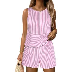 imageANRABESS Womens 2 Piece Outfits Striped Summer Casual Sleeveless Tank Top Matching Shorts Lounge Sets Pajamas Beach ClothesPink White Stripe