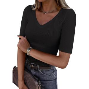 imageANRABESS Womens Half Sleeve Tops V Neck Ribbed Knit Slim Fit Basic T Shirts 2026 Summer Casual Tees Spring Trendy ClothesBlack