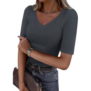 imageANRABESS Womens Half Sleeve Tops V Neck Ribbed Knit Slim Fit Basic T Shirts 2026 Summer Casual Tees Spring Trendy ClothesCharcoal