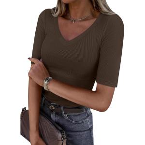imageANRABESS Womens Half Sleeve Tops V Neck Ribbed Knit Slim Fit Basic T Shirts 2026 Summer Casual Tees Spring Trendy ClothesCoffee