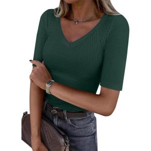 imageANRABESS Womens Half Sleeve Tops V Neck Ribbed Knit Slim Fit Basic T Shirts 2026 Summer Casual Tees Spring Trendy ClothesDeep Green